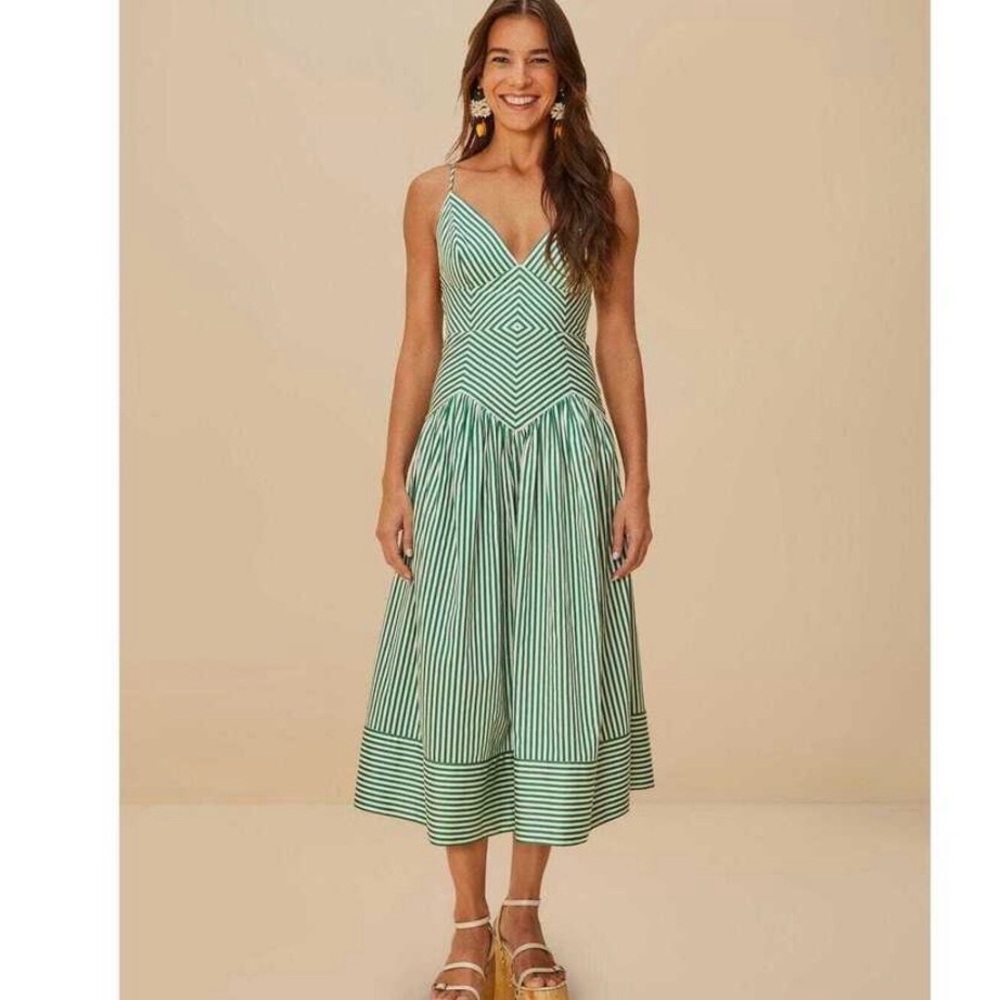 NWT Farm Rio Green Stripes Organic Cotton Midi Dress